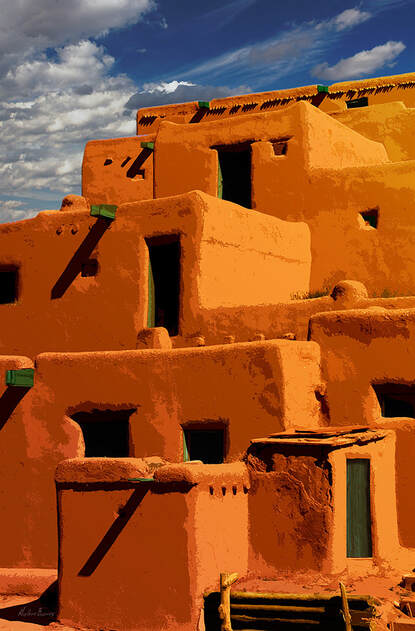 A radically altered interpretation showing the architecture of an ancient Taos Pueblo in New Mexico which is still inhabited.